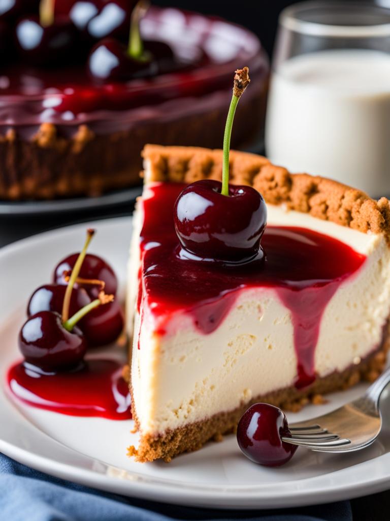 slice of classic cherry cheesecake, with a graham cracker crust and cherry topping. 