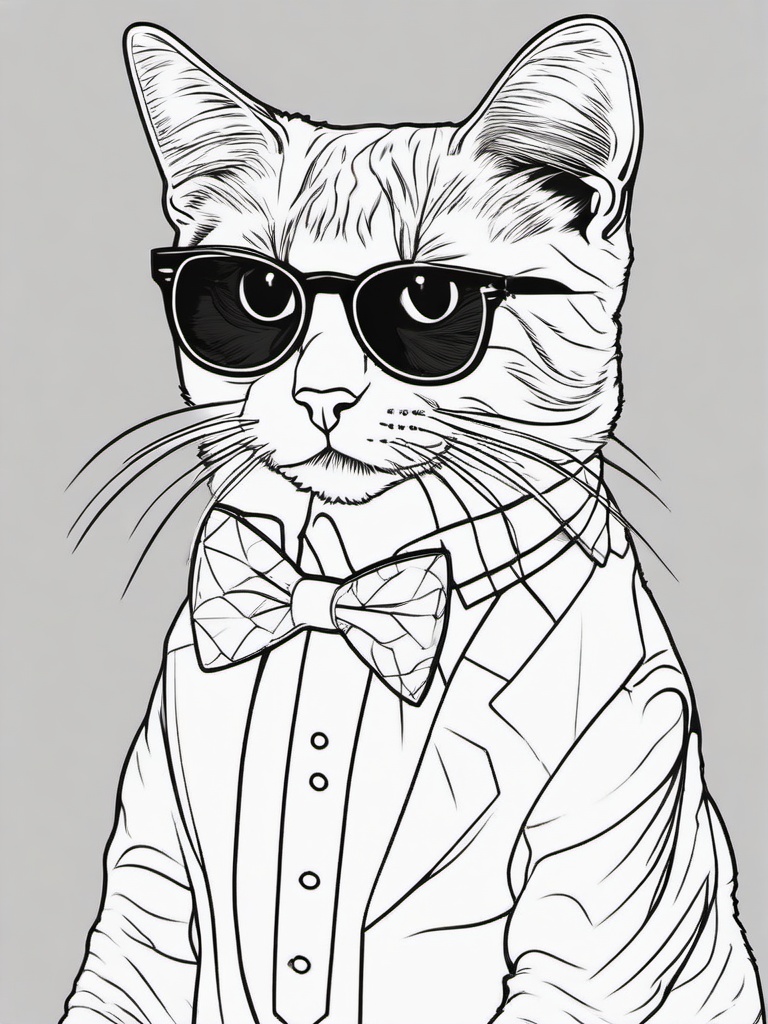 Kitty with Sunglasses and Bowtie Coloring Pages - Fancy Kitty Dressed to Impress  minimal black outline printable sheet, coloring page