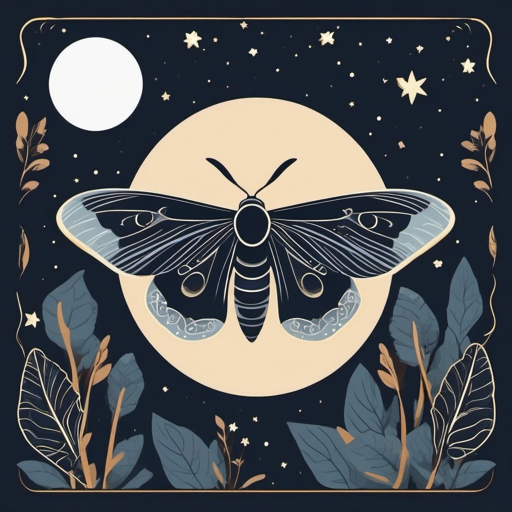 Nocturnal Moth in Moonlight Clip Art - Nocturnal moth emerging in the moonlight,  color vector clipart, minimal style