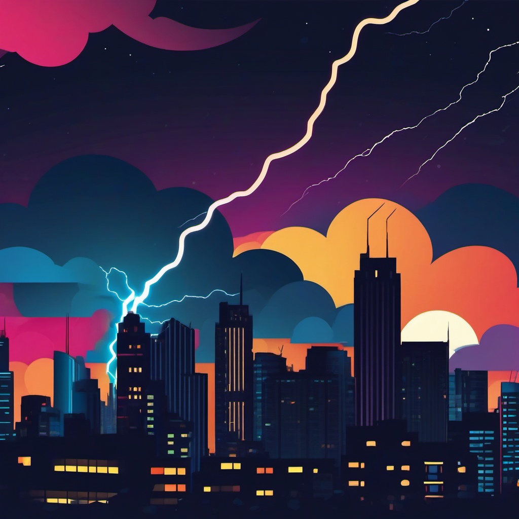 Lightning over city at night sticker- Electric and vibrant, , sticker vector art, minimalist design