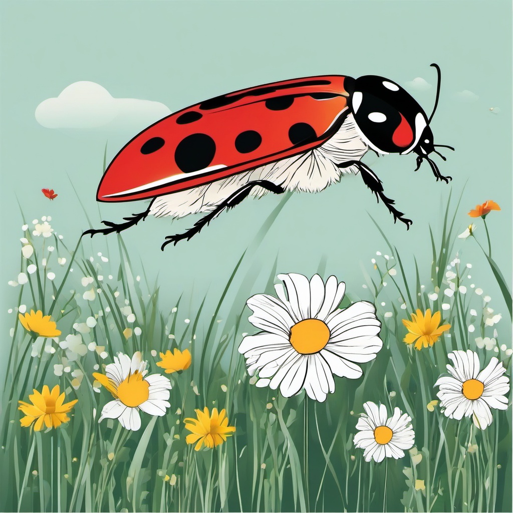 Ladybird clipart - ladybird flying over a meadow of flowers  color,minimalist,vector clipart