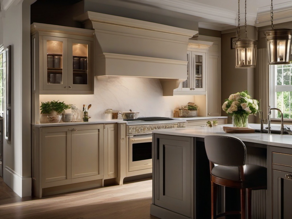 Georgian kitchen showcases classic cabinetry, elegant finishes, and warm lighting that provide a cozy yet sophisticated cooking environment.  