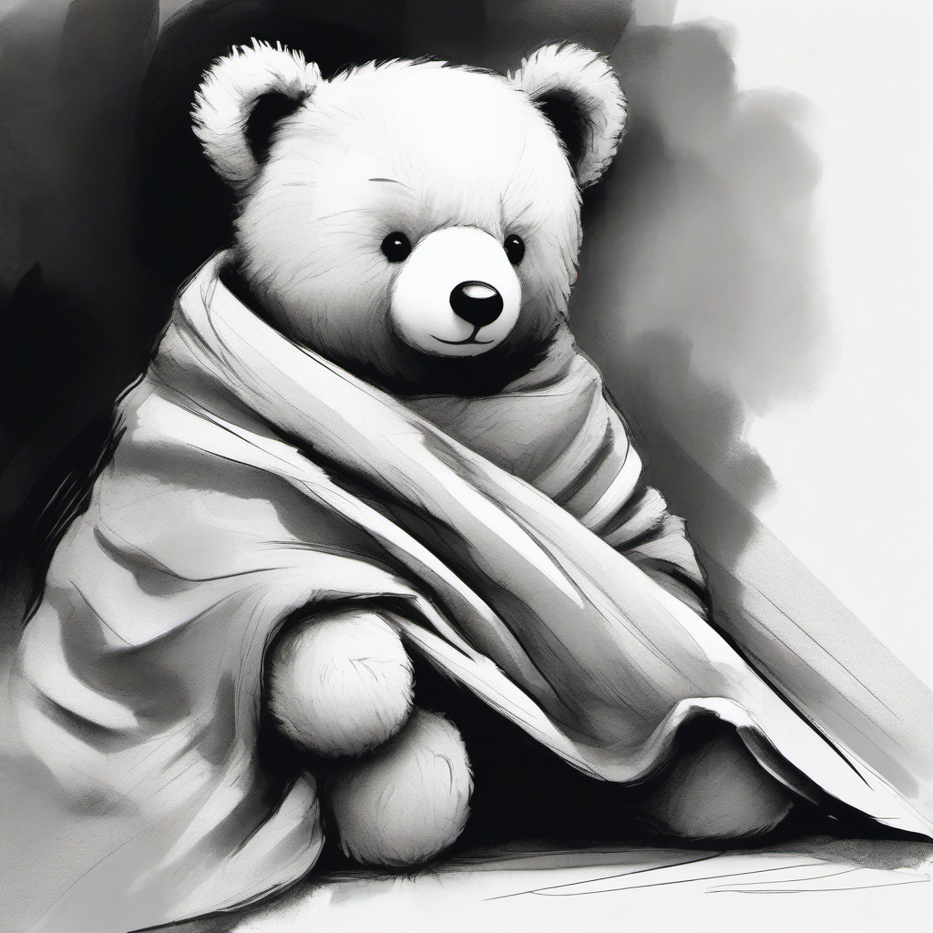 drawing of a teddy bear with a blanket  minimal rough sketch scribbles,doodles,black and white