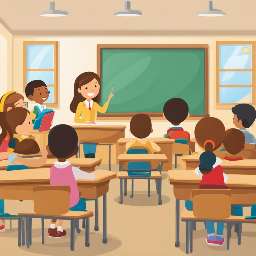 classroom clipart: filled with eager students and an attentive teacher. 