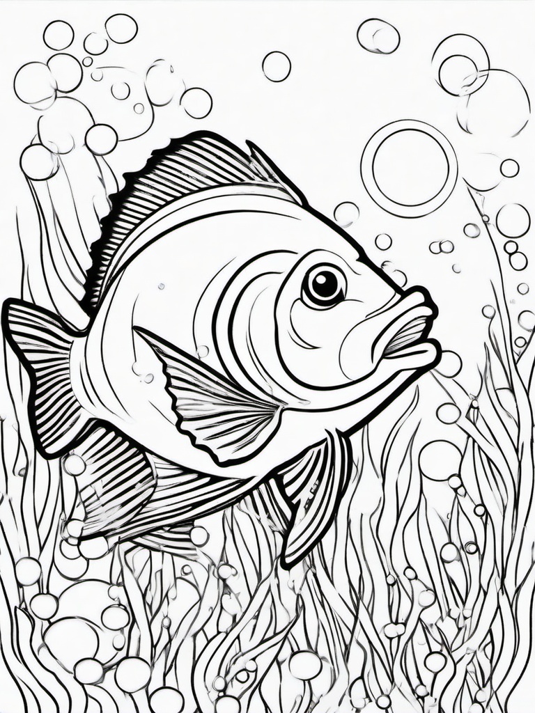 Fish Coloring Pages - Fish surrounded by bubbles and seaweed  simple coloring pages