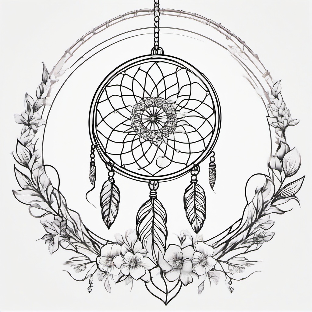 Dream Catcher Flower Tattoo - Tattoo combining a dream catcher with floral motifs.  simple vector tattoo,minimalist,white background