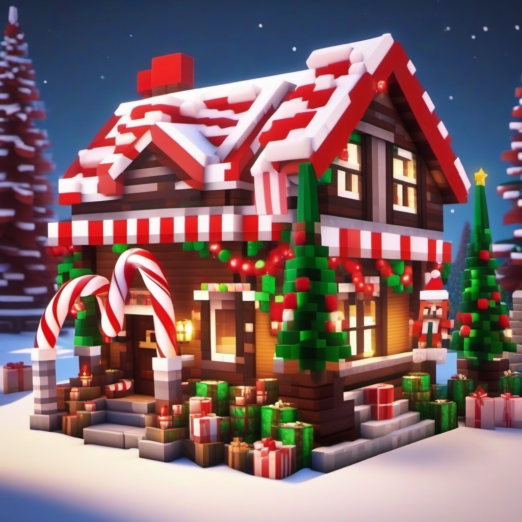 MINECRAFT HOUSE WITH CANDY CANES AND CHRISTMAS STUFF AND SNOW
 