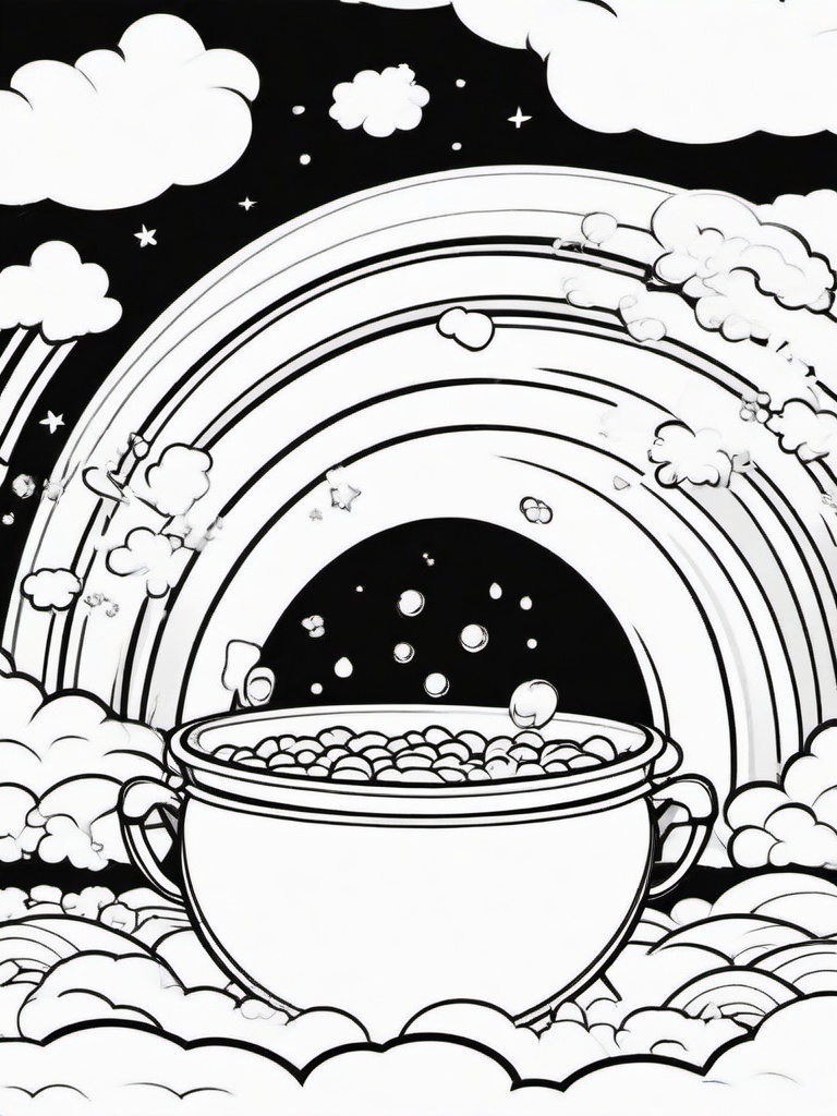 Rainbow Coloring Page - Cartoon rainbow emerging from a pot of gold.  easy,simple,minimal,coloring pages,black and white outline