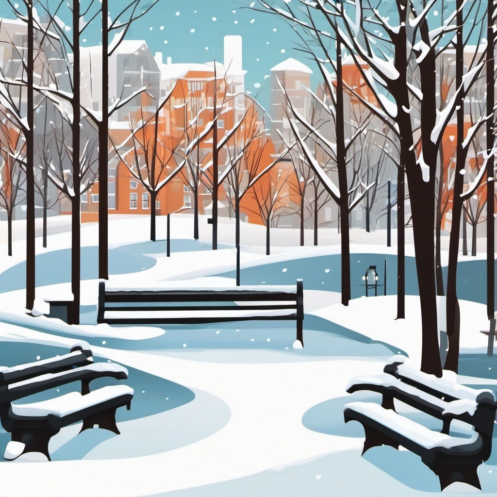 Snow-Covered City Park clipart - Urban park covered in snow, ,vector color clipart,minimal