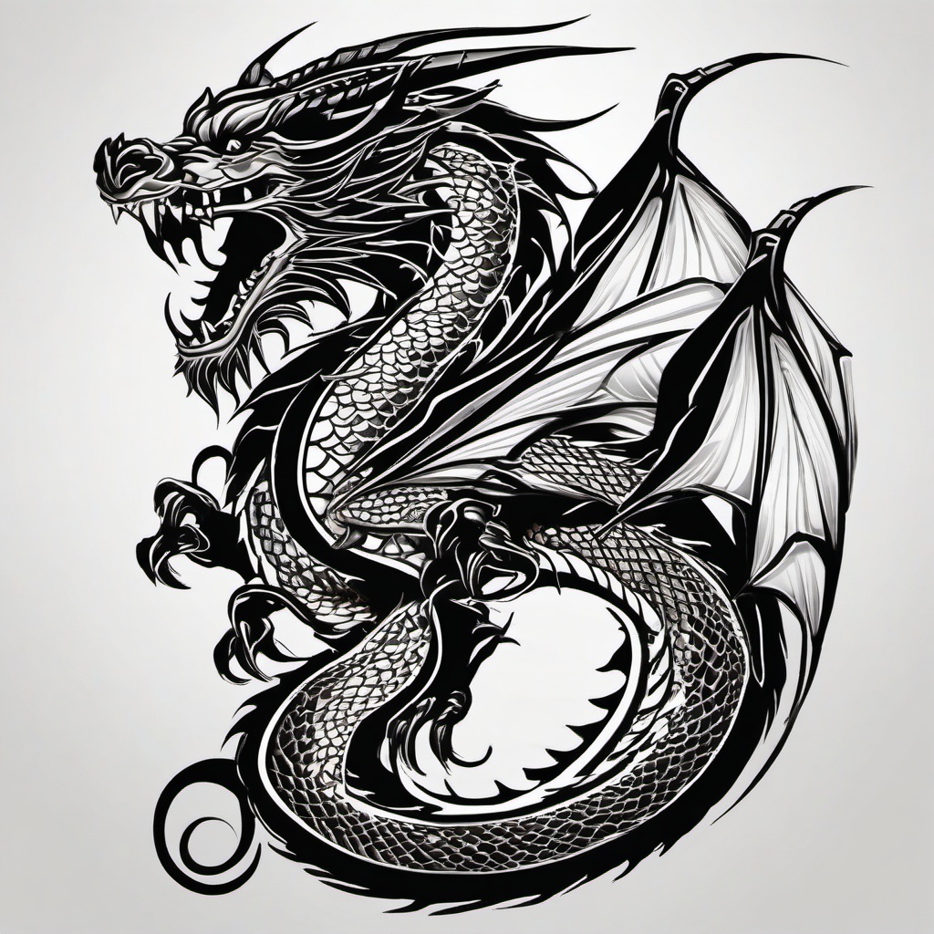 Dragon Black Tattoo - Dragon tattoos primarily using black ink for a bold and striking appearance.  simple color tattoo,minimalist,white background