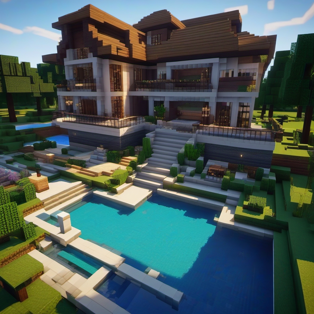 big Minecraft mansion house with backyard pool and hammock 