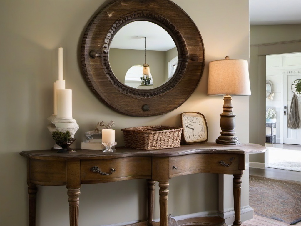 In the entryway, vintage interior design showcases a distressed console table, antique mirror, and whimsical decor that provides a charming welcome to guests.  