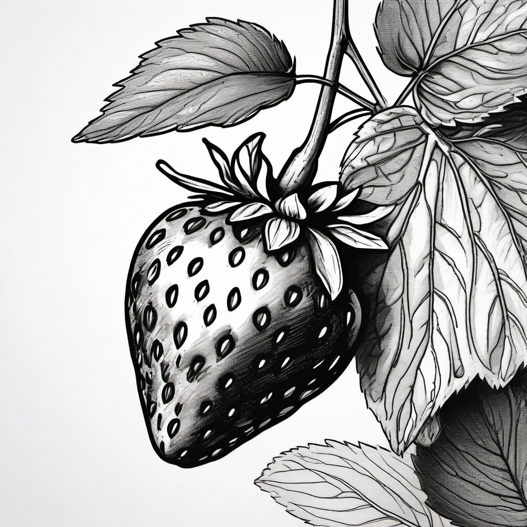 drawing of a strawberry with leaves  minimal rough sketch scribbles,doodles,black and white