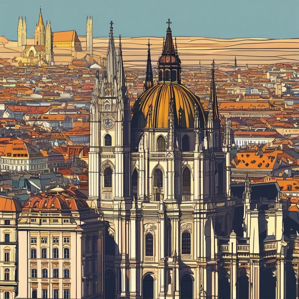 Vienna clipart - St. Stephen's Cathedral and Vienna cityscape,  color vector clipart