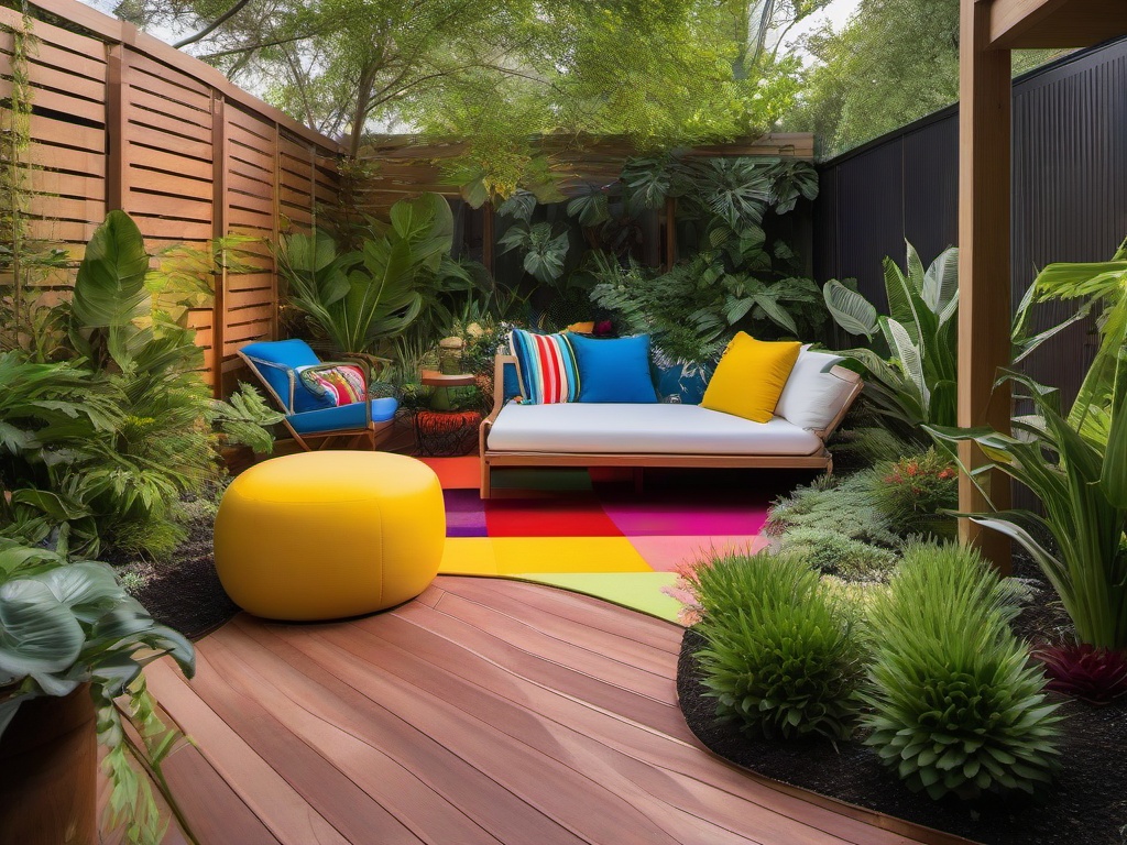 In the garden, Pop Art interior design highlights an array of colorful plants, bold decorations, and playful pathways that create a vibrant outdoor retreat for relaxation and enjoyment.  