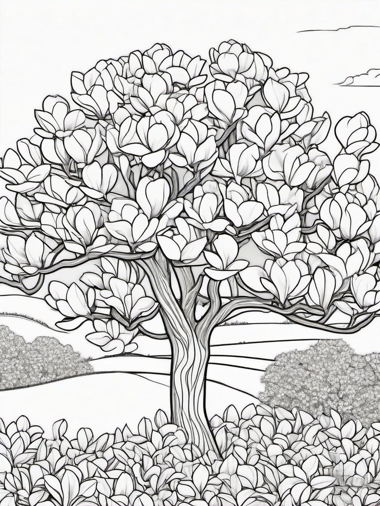 Magnolia coloring page sheet - A magnolia tree in full bloom on a warm spring day.  black outline printable coloring page