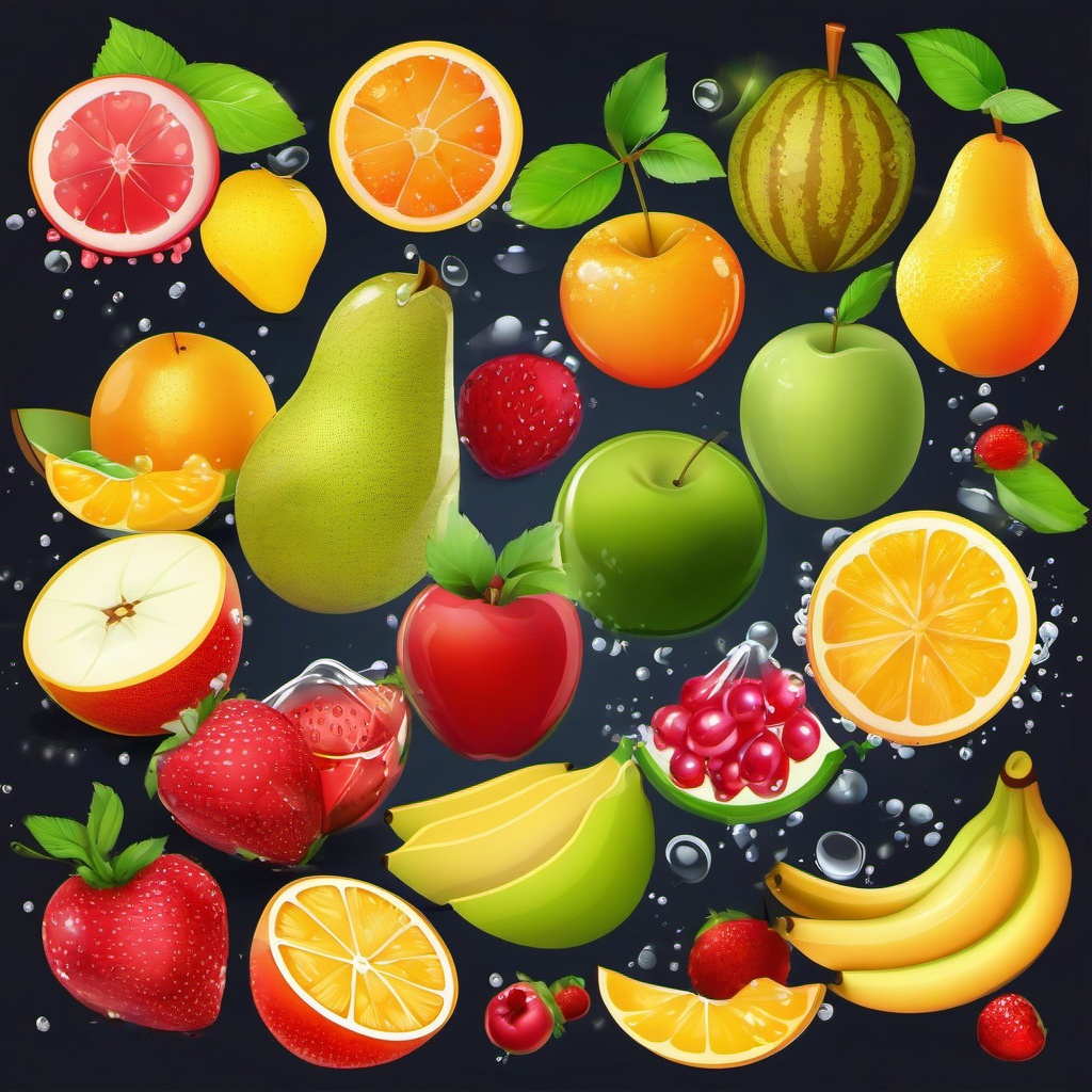 Fruit clipart - fruits with splashes of water around them  