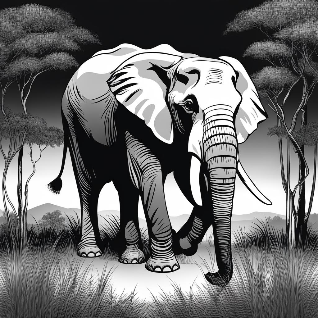 elephant clipart black and white in a serene savannah - displaying majestic presence. 