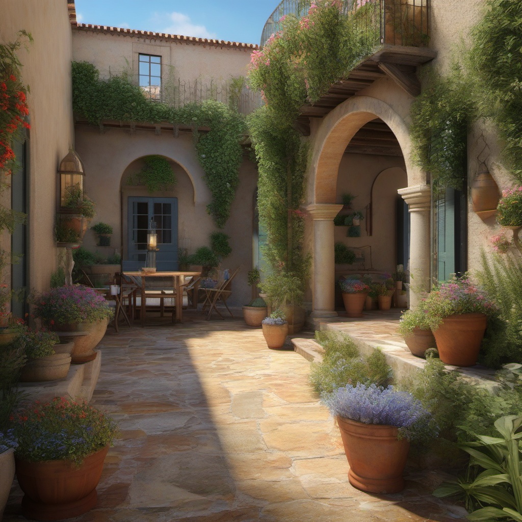 Mediterranean Courtyard - Capture the essence of the Mediterranean with a courtyard garden. multicoloured, photo realistic, hyper detail, high resolution