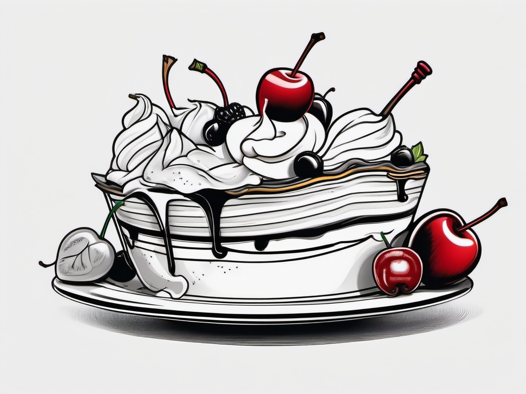 Banana split with cherry tattoo. Classic dessert inked.  black white tattoo style, minimalist design,white background