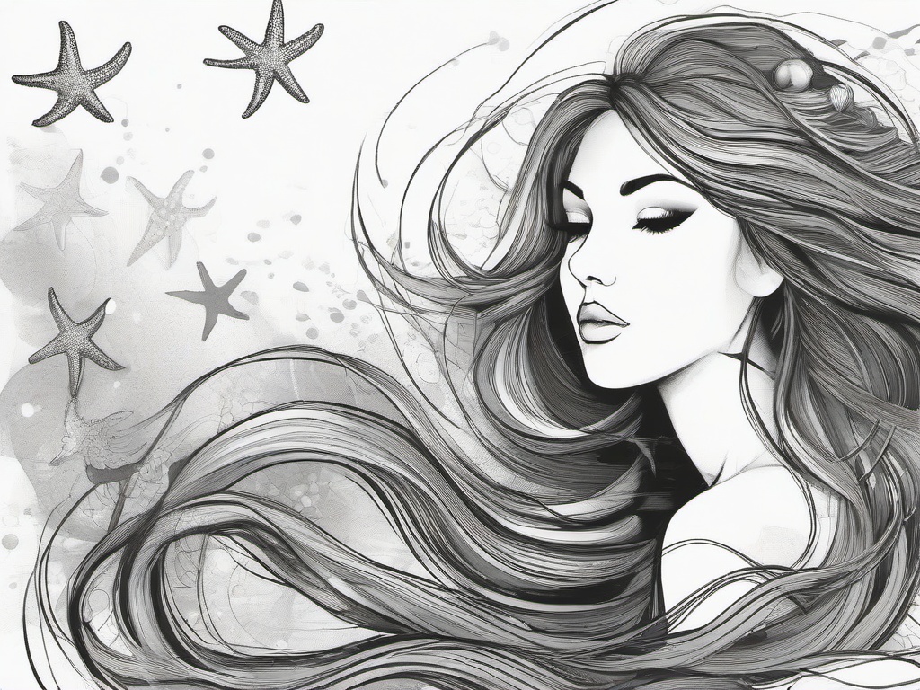 drawing of a mermaid with a starfish  minimal rough sketch scribbles,doodles,black and white