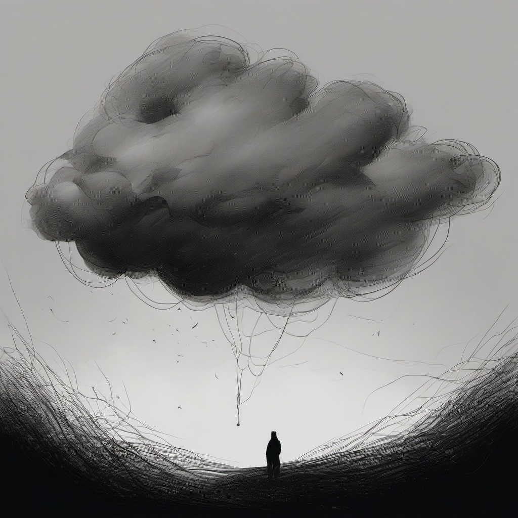 drawing of depression as a dark cloud  minimal rough sketch scribbles,doodles,black and white