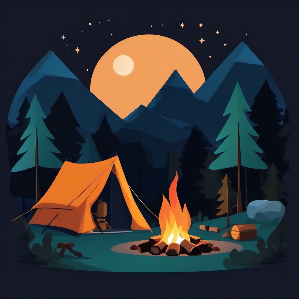 Camping in the Woods with Campfire and Tent at Night Clipart - Campers in the woods with a campfire and tent under the night sky.  color vector clipart, minimal style