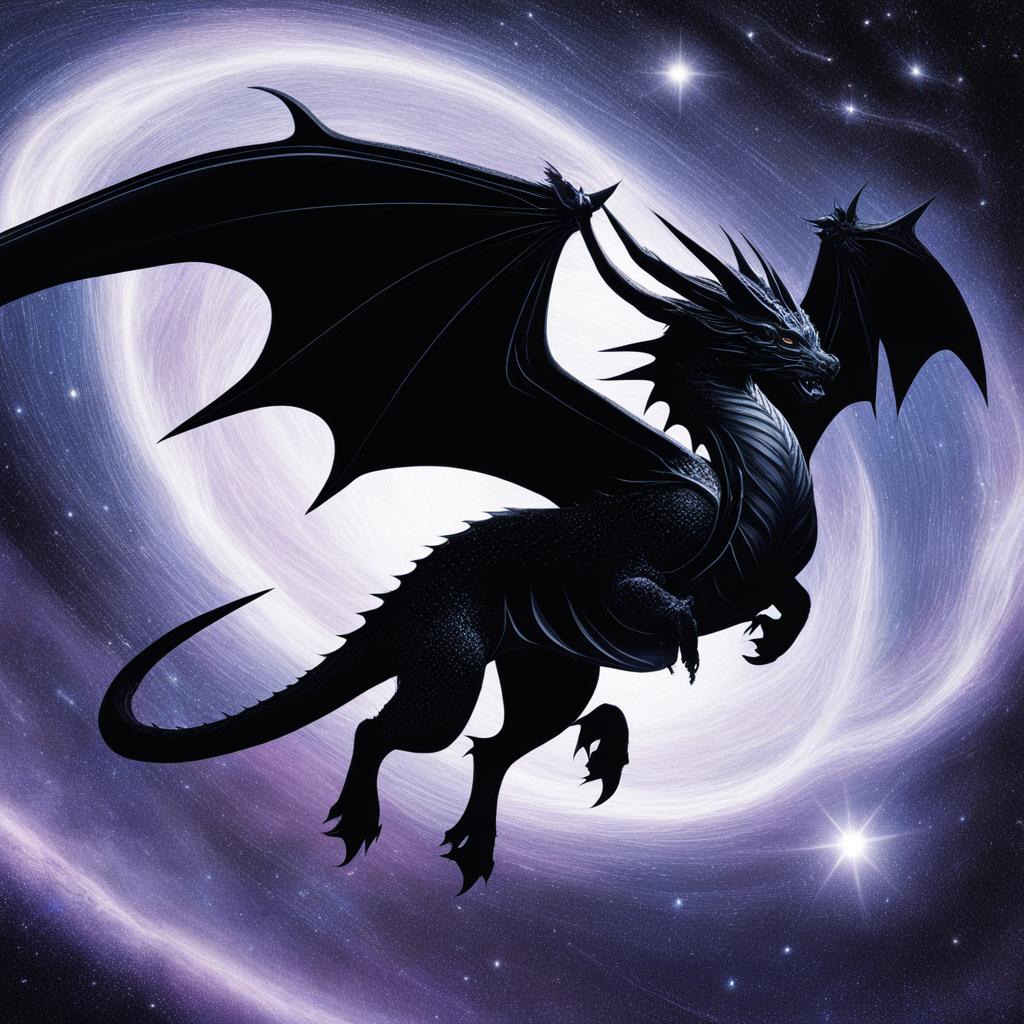 void dragon traversing the boundless darkness of interstellar space, surrounded by distant stars and celestial wonders. 