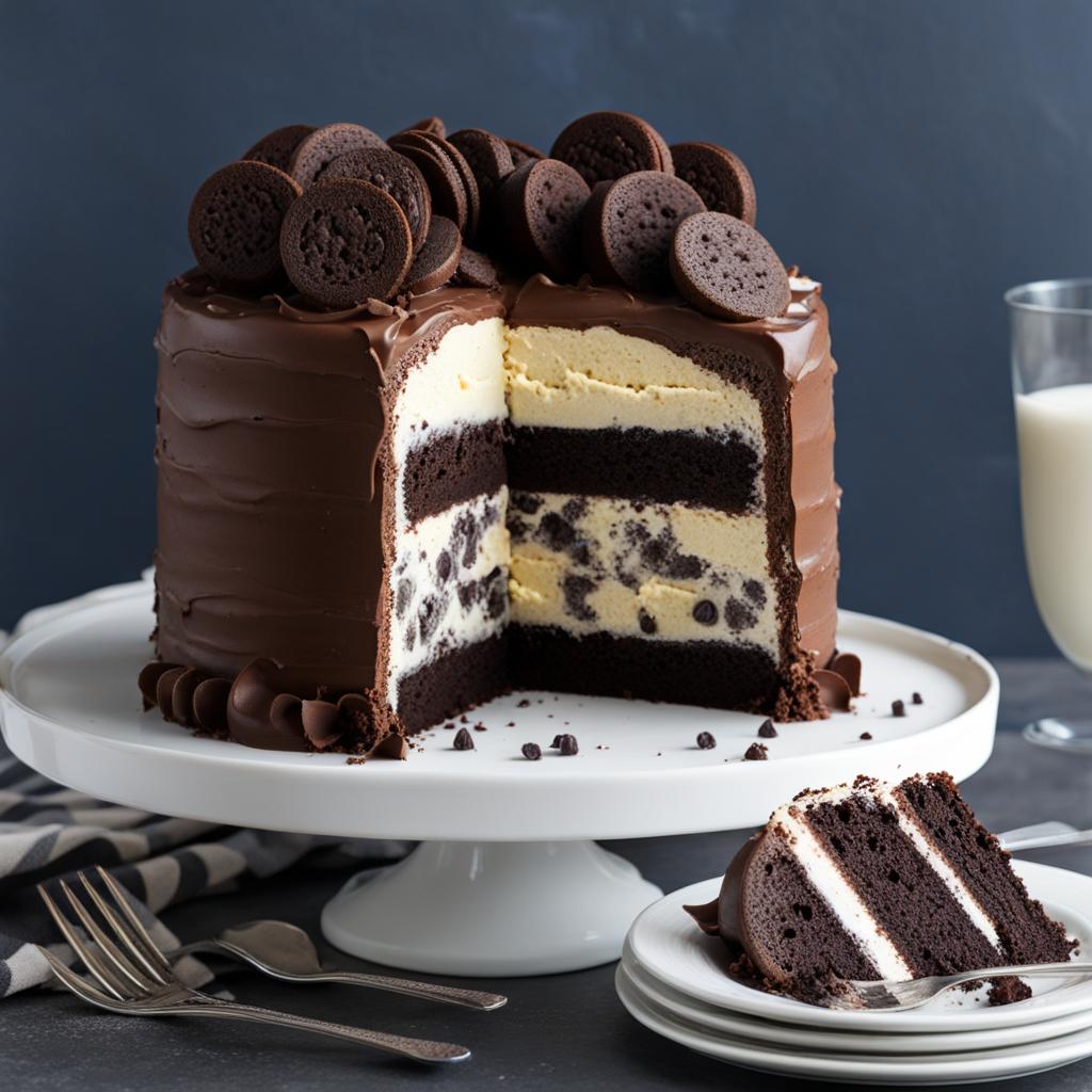 cookies and cream ice cream cake with chocolate cookie crumbs, devoured at a kids' party. 