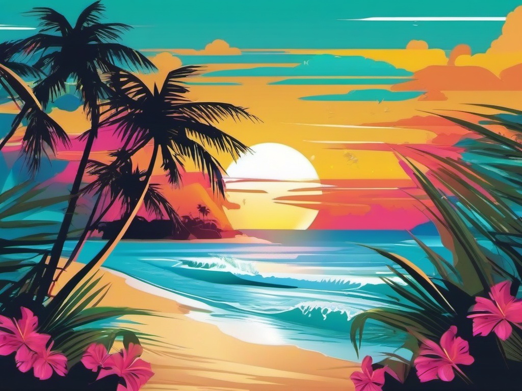 Tropical Beach Backgrounds with Palm Tree Paradise wallpaper splash art, vibrant colors, intricate patterns