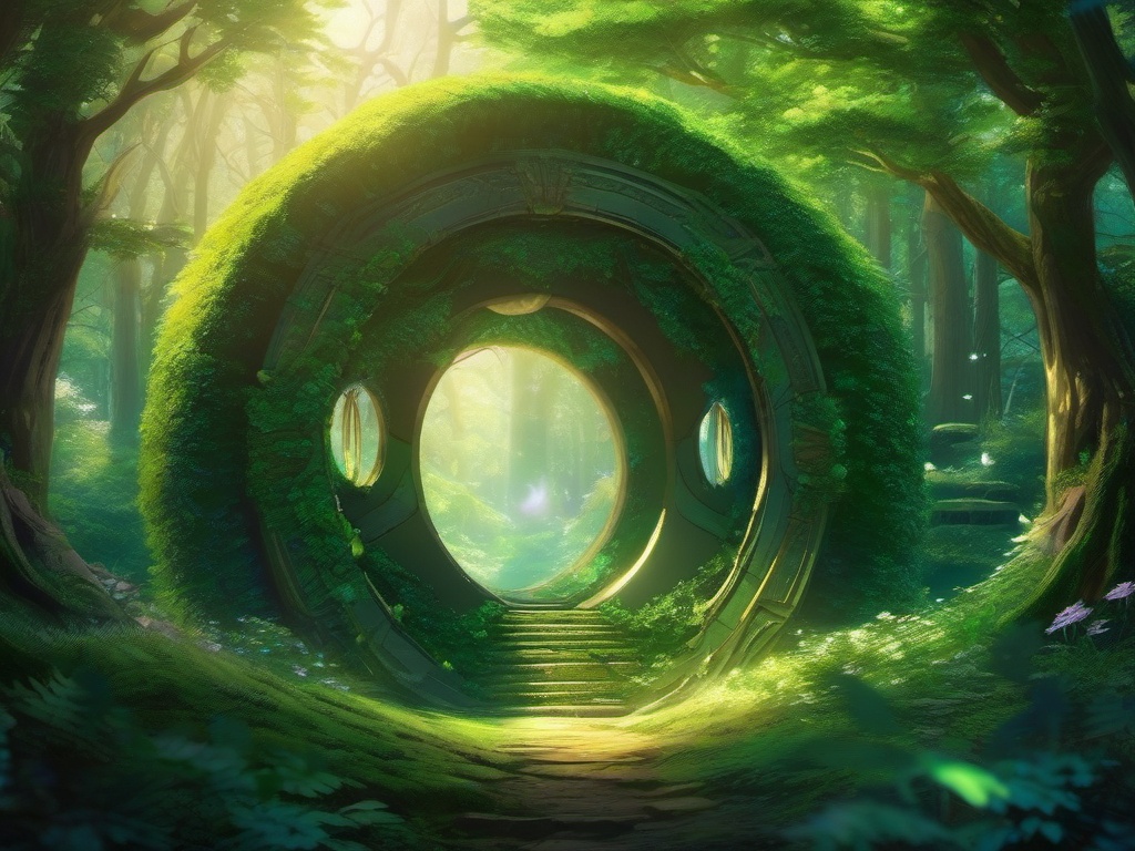 Enchanted forest with mystical portals to other realms. anime, wallpaper, background, anime key visual, japanese manga