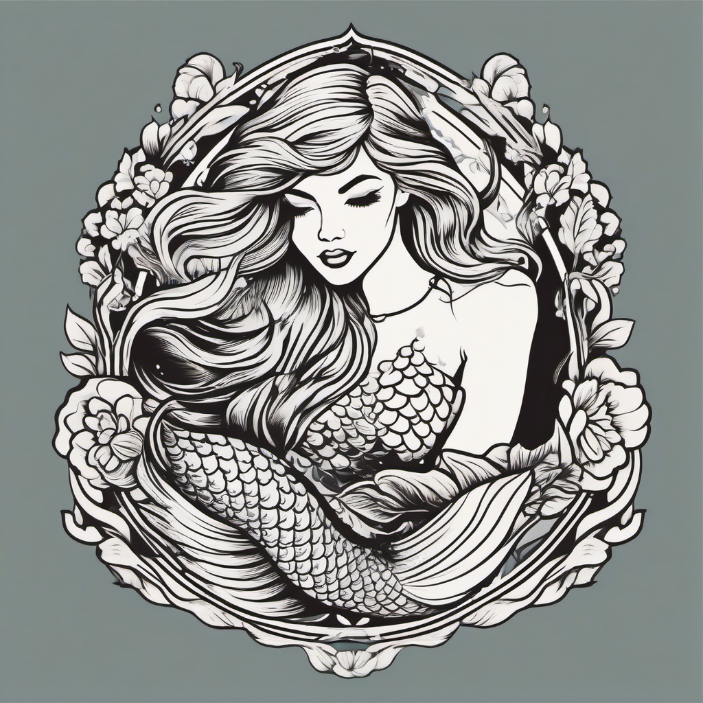 American Traditional Mermaid Tattoo - Blend American traditional style with the beauty of a mermaid in your tattoo.  simple vector color tattoo,minimal,white background