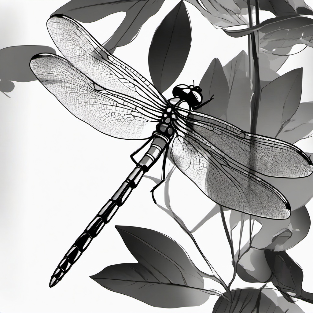 drawing of a dragonfly on a leaf  minimal rough sketch scribbles,doodles,black and white