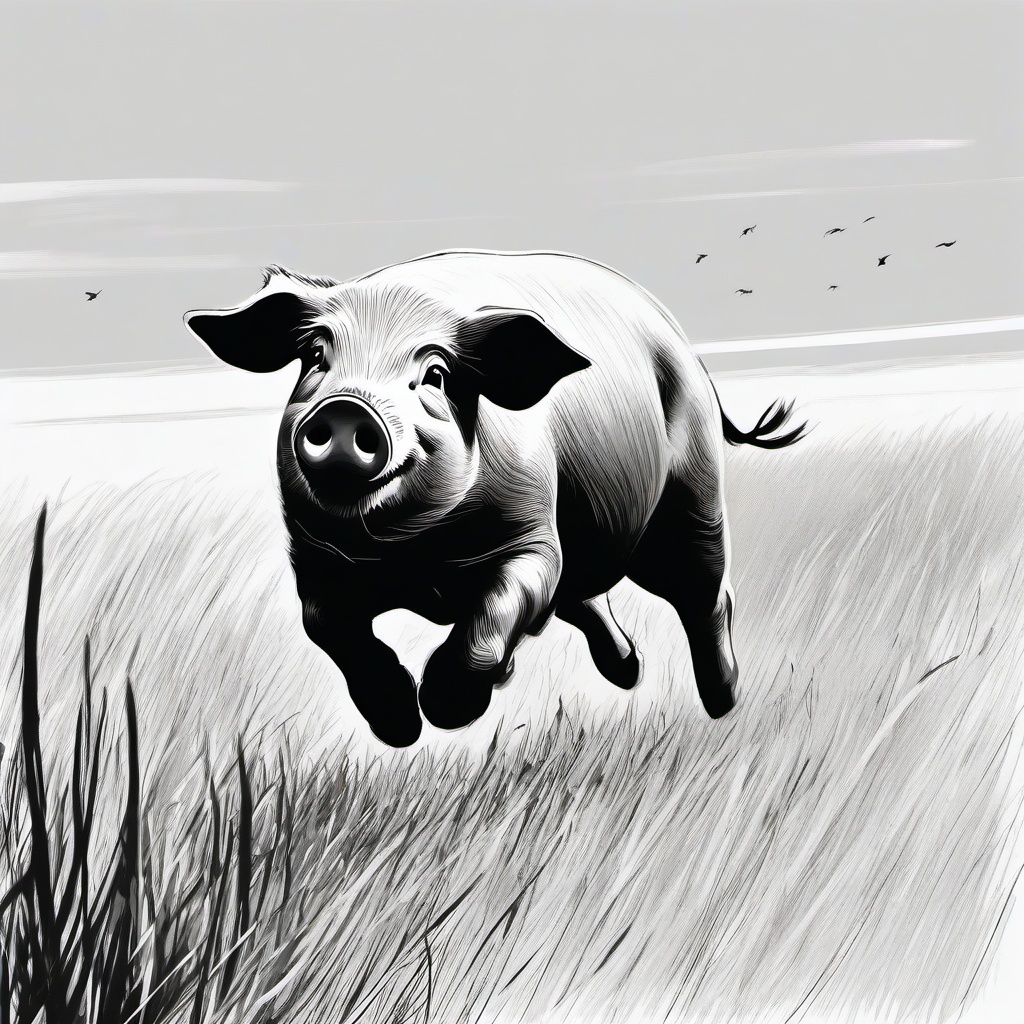 drawing of a pig running through the fields  minimal rough sketch scribbles,doodles,black and white