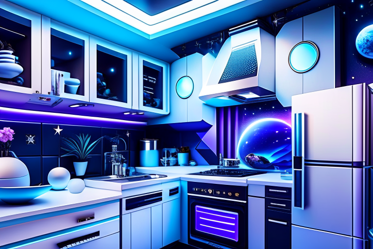 space station kitchen with futuristic appliances and celestial-themed backsplash. 