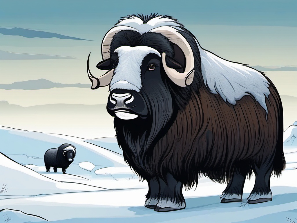 Musk Ox cartoon - Musk Ox huddling in the cold  