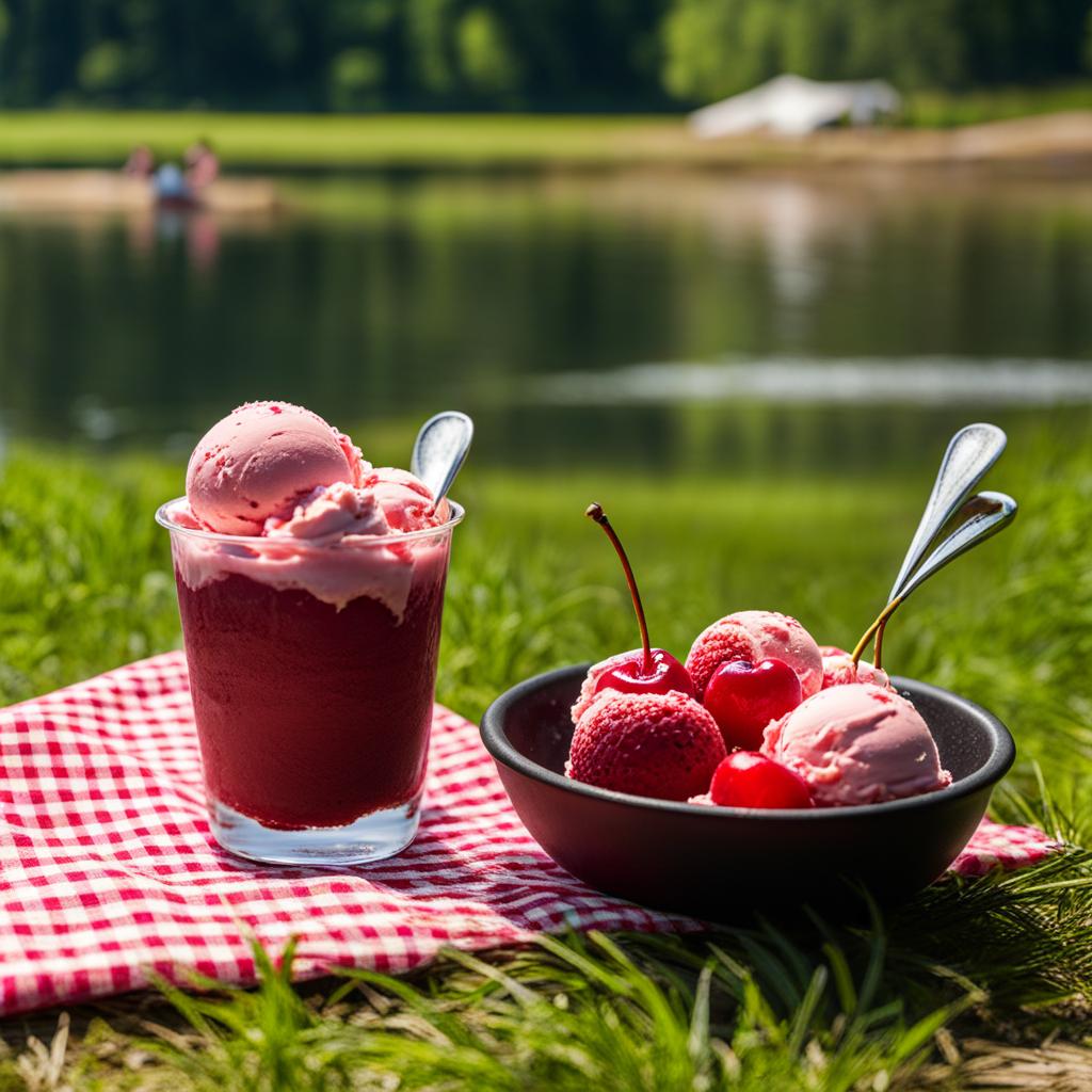 cherry garcia ice cream enjoyed at a lakeside picnic with friends. 