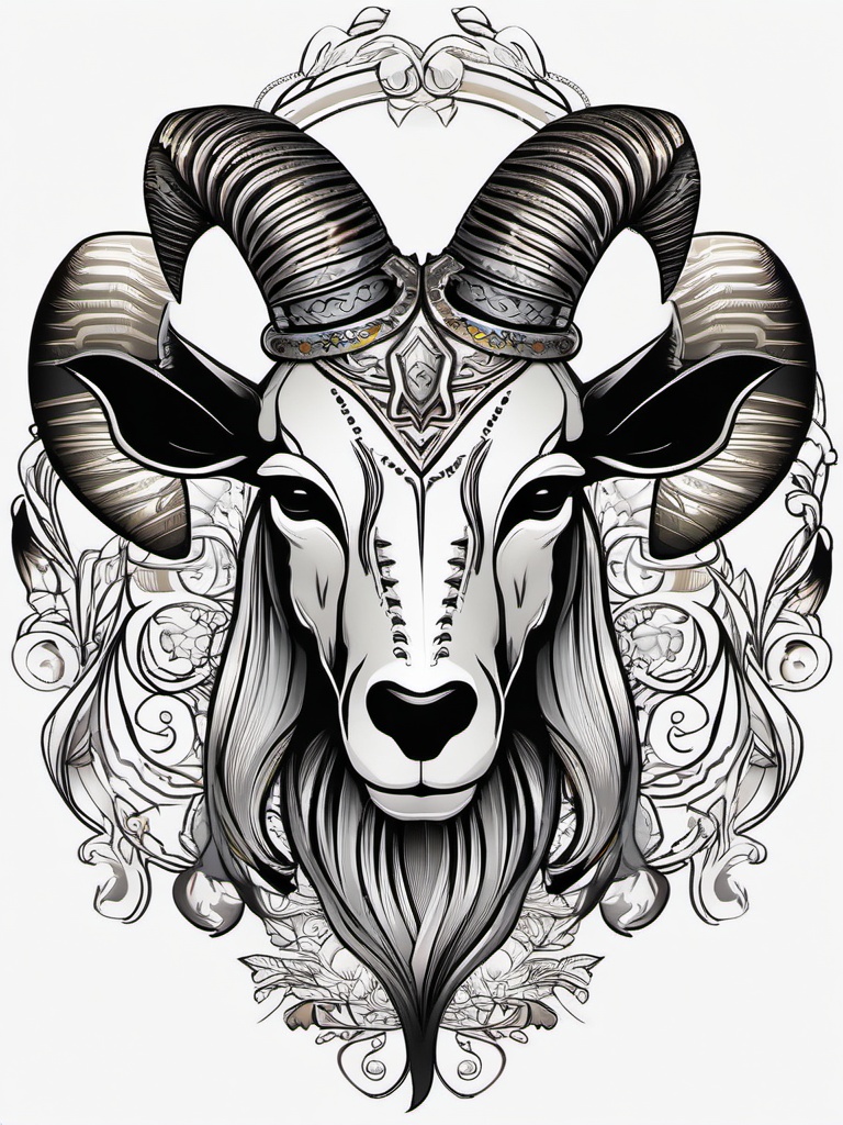 Skull Goat Tattoo - A tattoo featuring a goat design with skull elements.  simple color tattoo design,white background