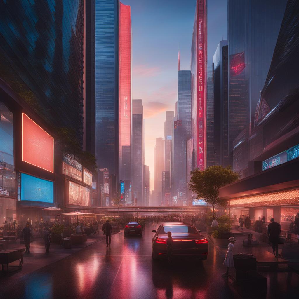 step into the bustling atmosphere of a modern urban streetscape, with towering skyscrapers and neon signs. 