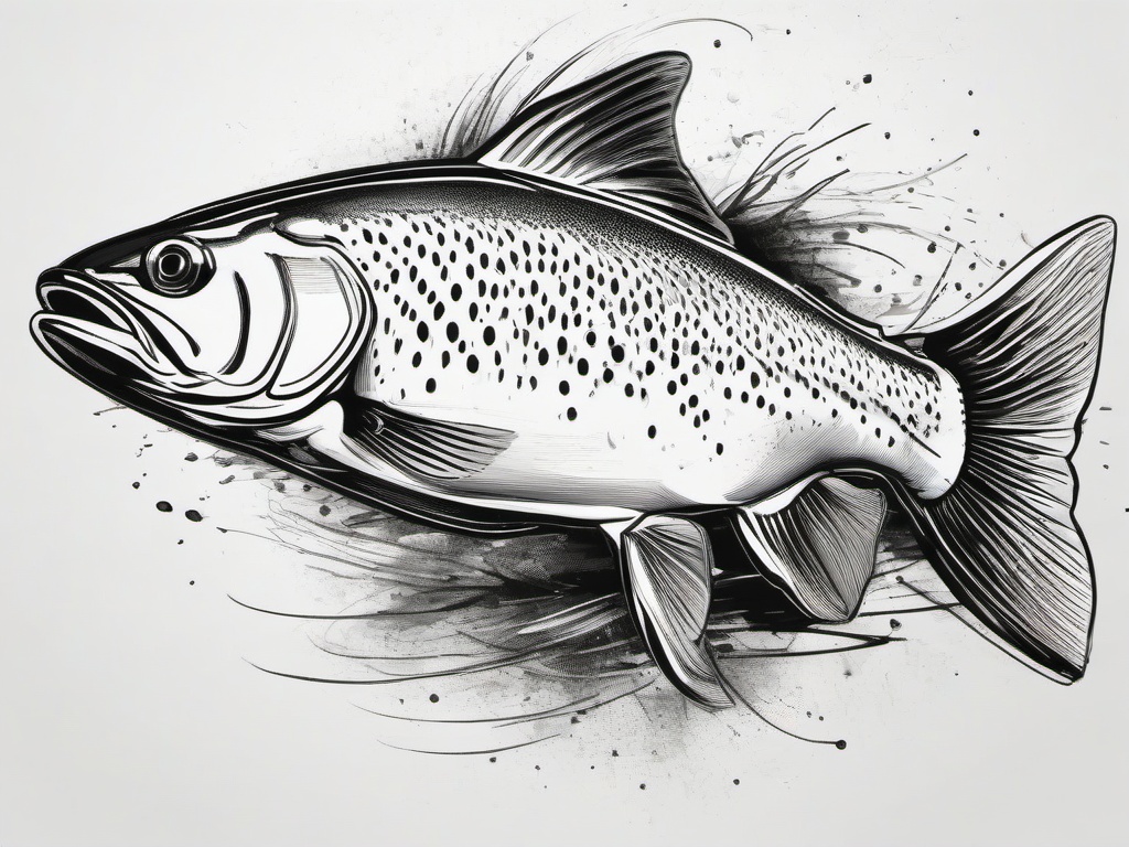 drawing of trout fish  minimal rough sketch scribbles,doodles,black and white