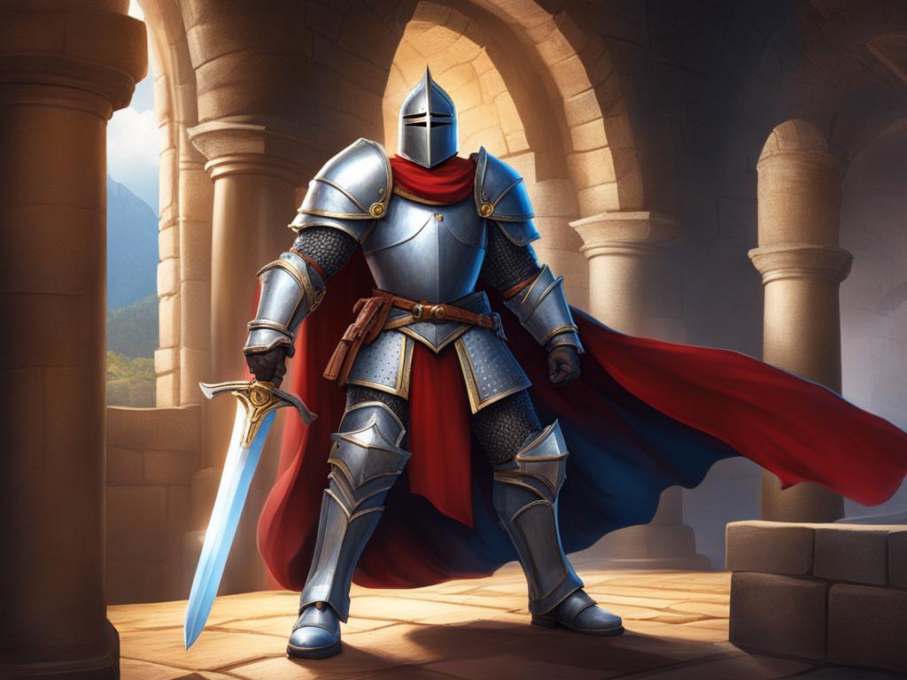 elemental hero neos knight in a grand medieval castle. 