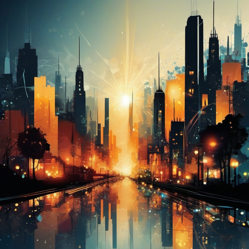 Background City - Cityscape with Urban Lights  intricate patterns, splash art, wallpaper art