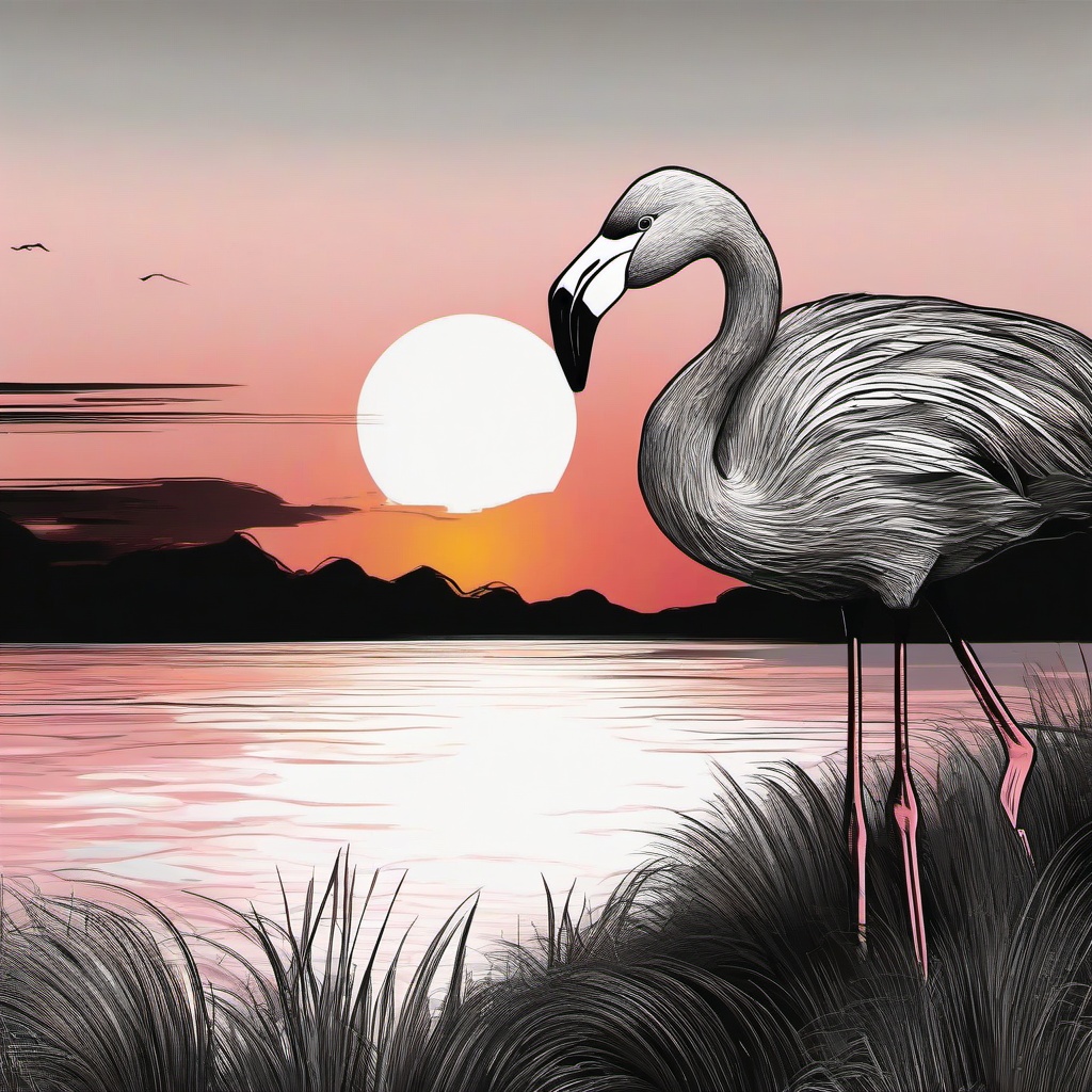 drawing of a flamingo in front of a sunset  minimal rough sketch scribbles,doodles,black and white