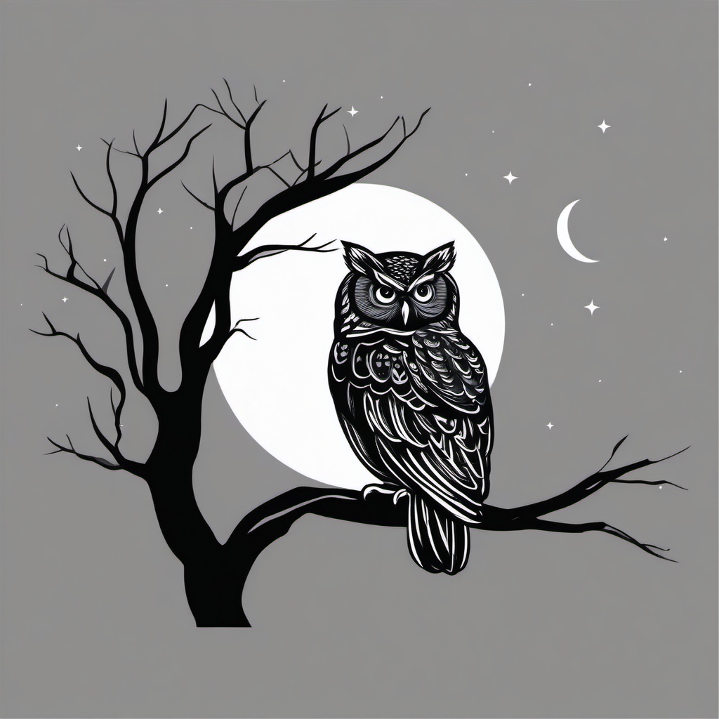 Owl Clipart - Owl perched on a tree branch under the moonlight , minimal, 2d