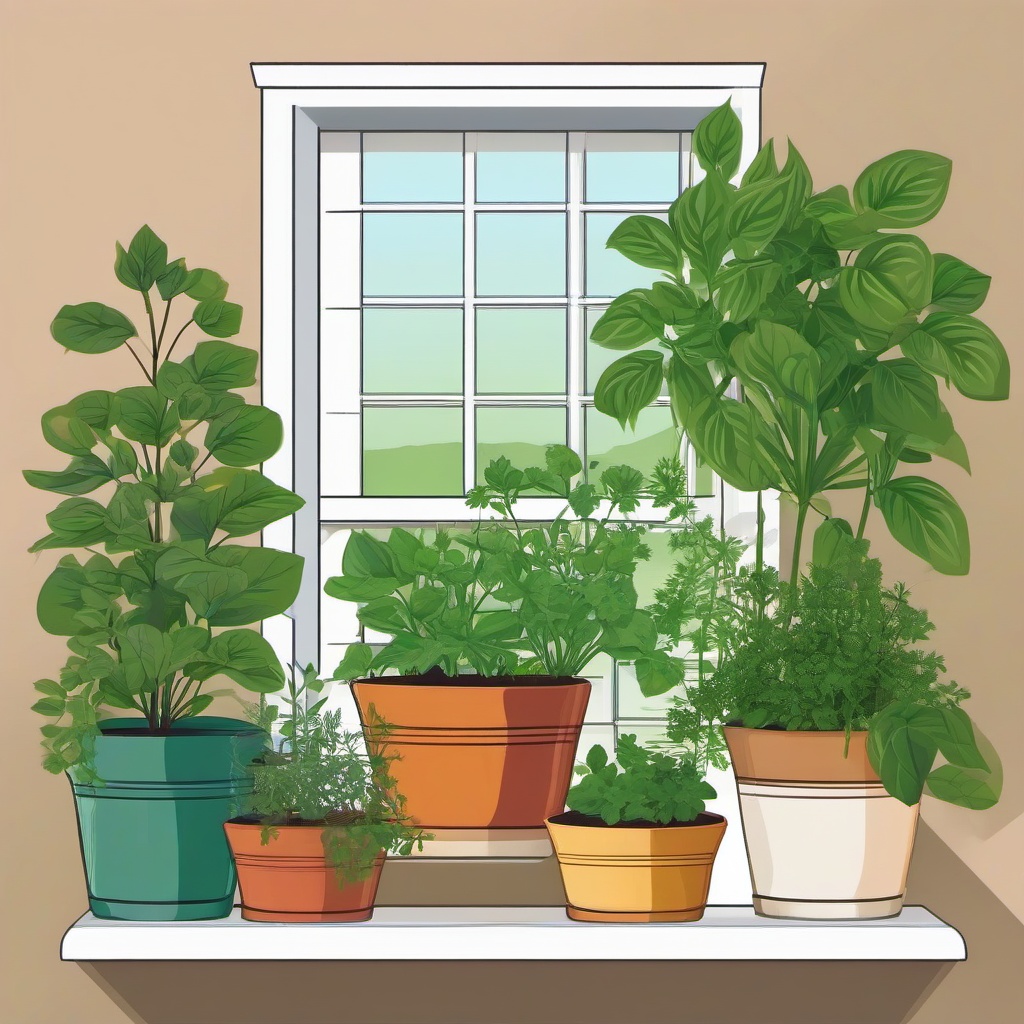 Plant clipart - herbs growing in a kitchen window  color,minimalist,vector clipart