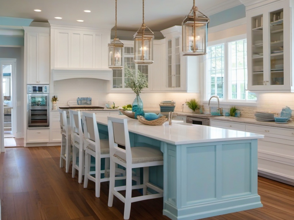 Coastal kitchen features white cabinetry, sea-inspired decor, and light blue accents, creating a fresh and breezy atmosphere reminiscent of the beach.  