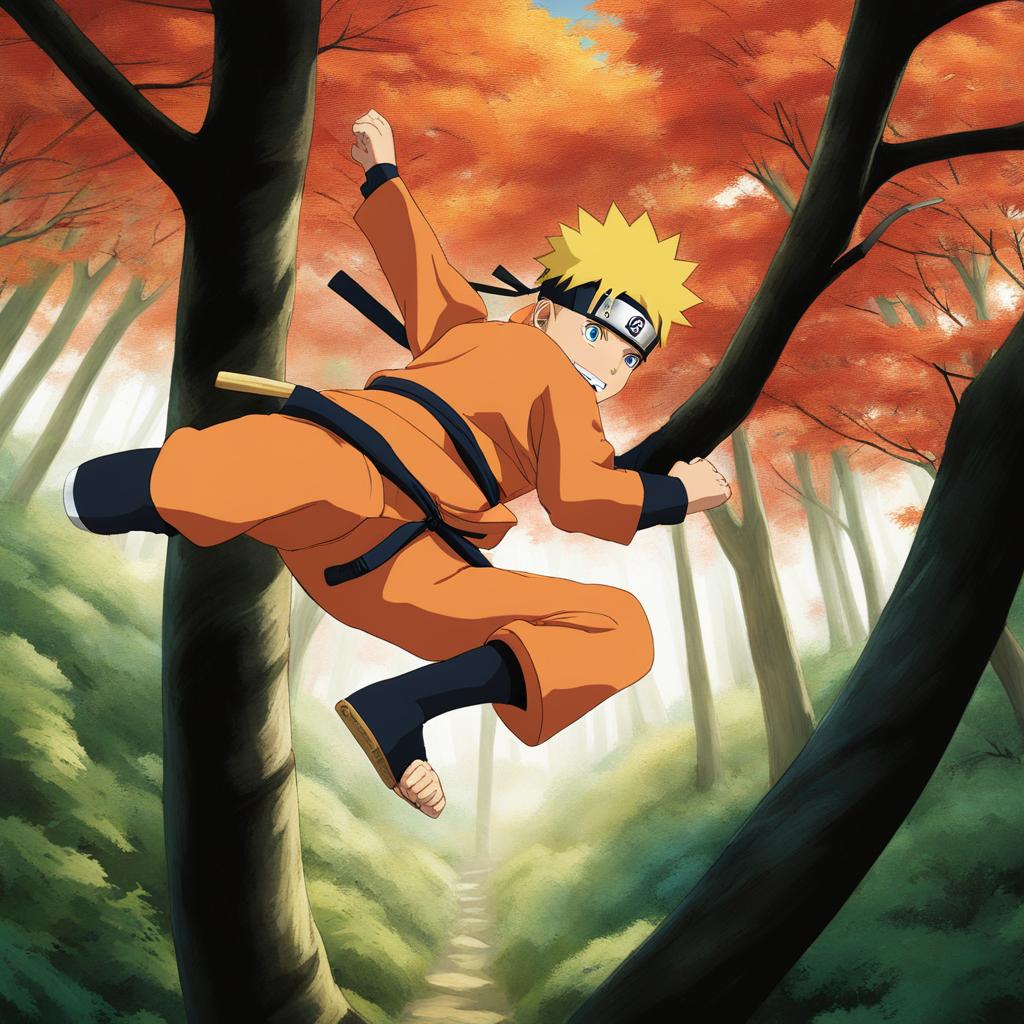 naruto uzumaki dashes through the treetops, engaging in an acrobatic ninja skirmish. 