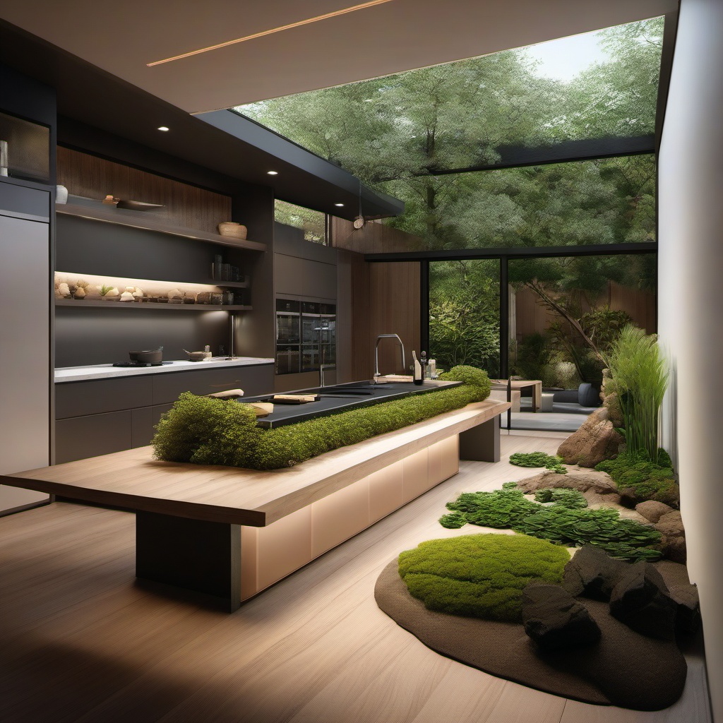 Zen Garden Cooking Space - Create a tranquil kitchen with the serenity of a zen garden. , kitchen layout design ideas, multicoloured, photo realistic, hyper detail, high resolution,