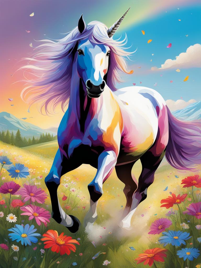 playful unicorn frolicking in a field of colorful wildflowers, scattering petals with each joyful step. 