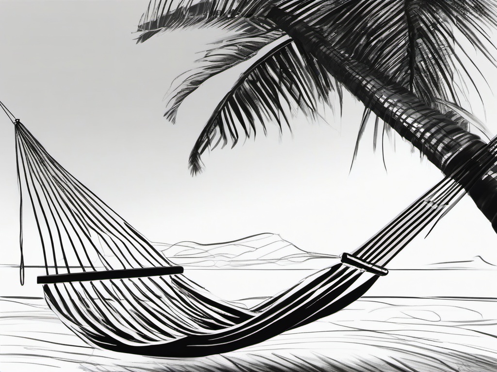 drawing of a palm tree in a hammock  minimal rough sketch scribbles,doodles,black and white